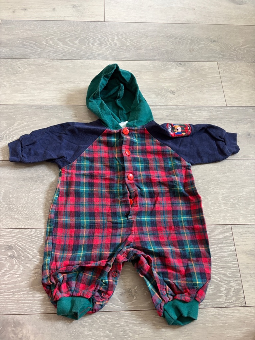 Infant Hooded Plaid One-Piece Romper - Red & Green